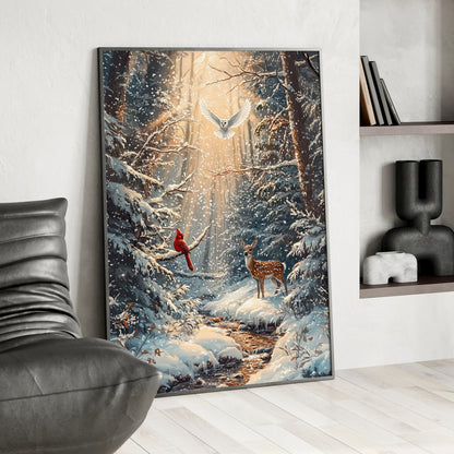 Framed Paper Print - Winter Cardinal Deer Owl