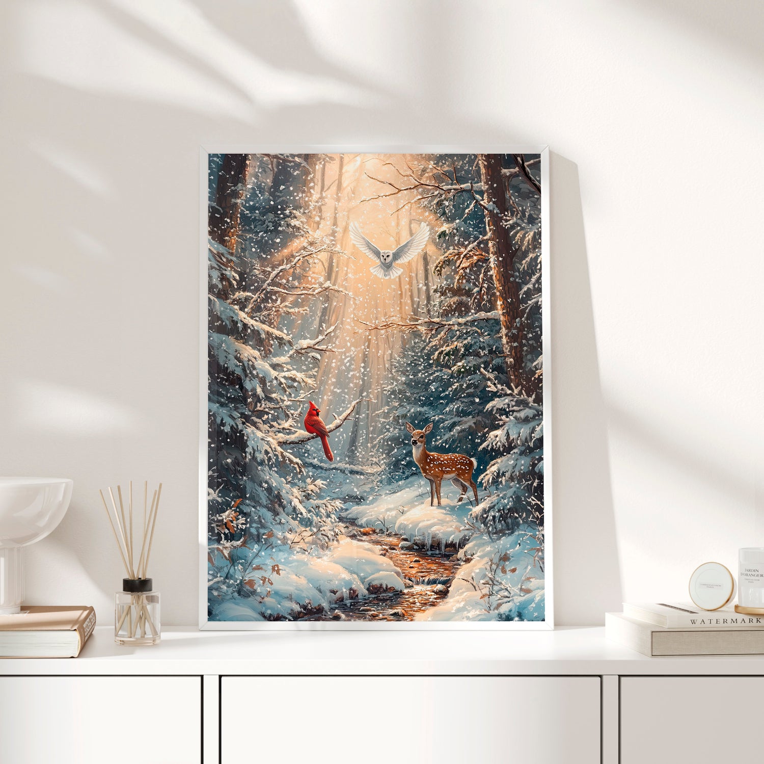 Framed Paper Print - Winter Cardinal Deer Owl
