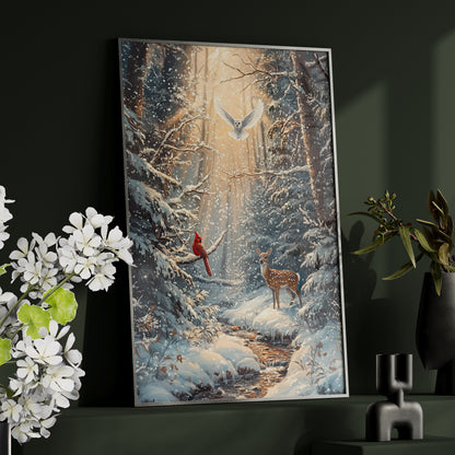 Framed Paper Print - Winter Cardinal Deer Owl