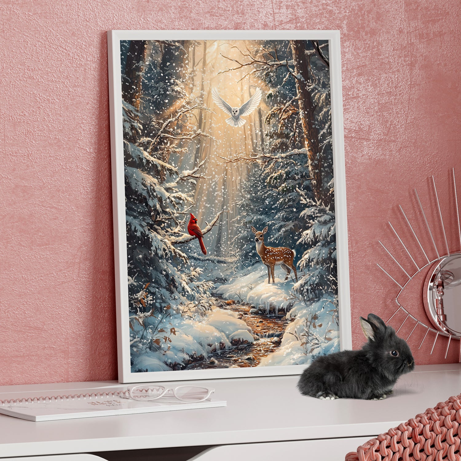 Framed Paper Print - Winter Cardinal Deer Owl
