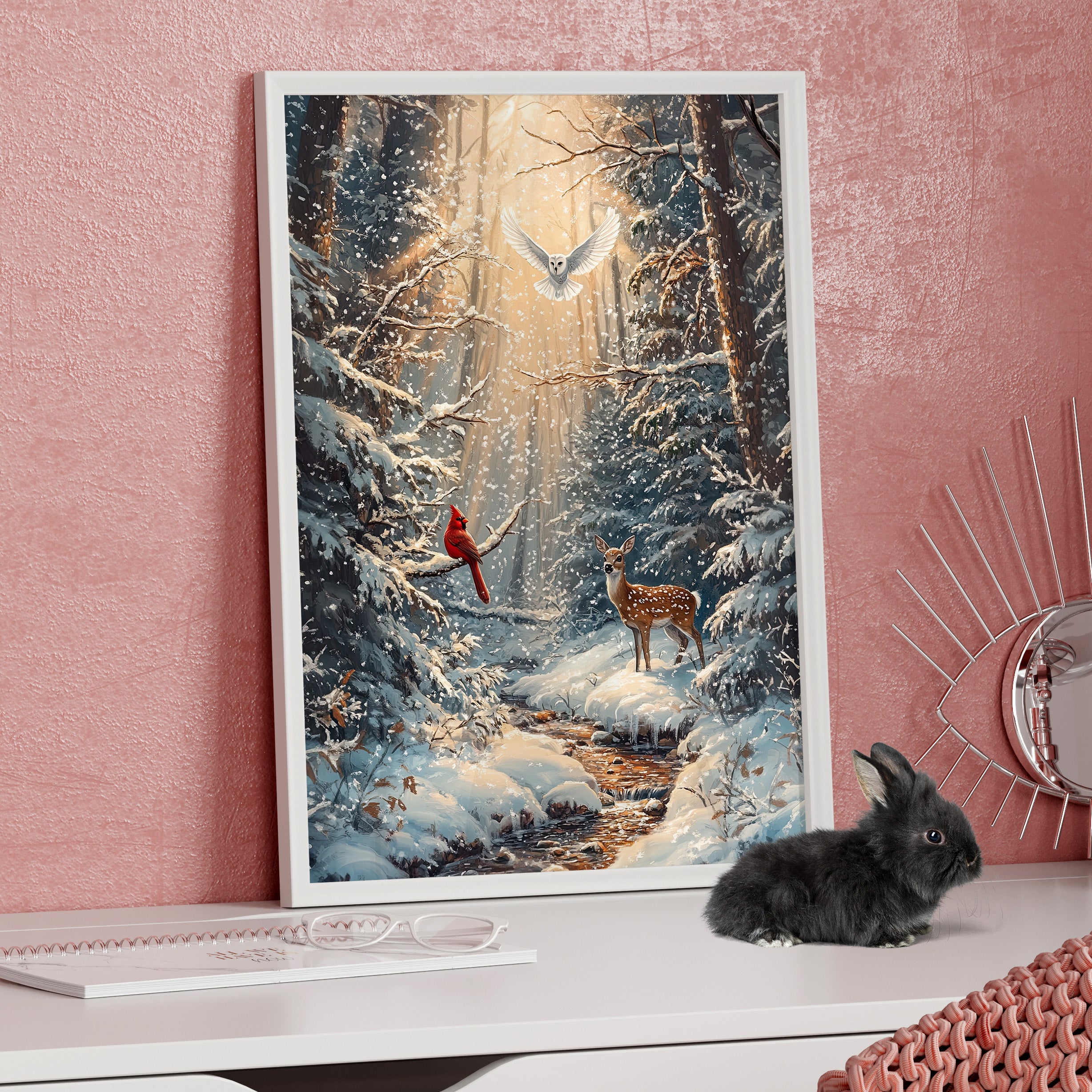 Framed Paper Print - Winter Cardinal Deer Owl