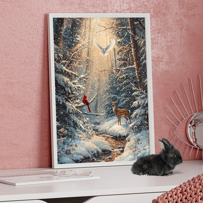 Framed Paper Print - Winter Cardinal Deer Owl