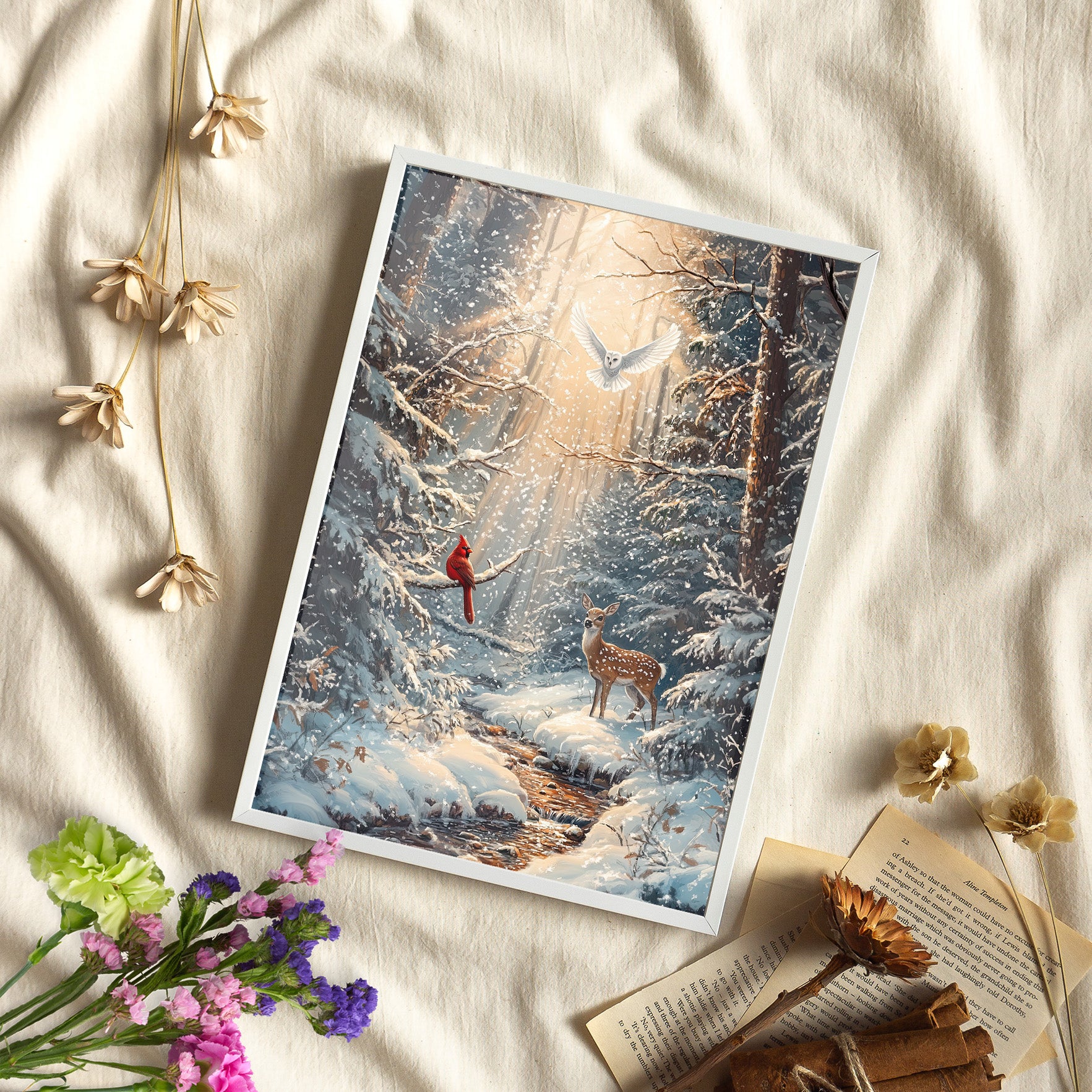 Framed Paper Print - Winter Cardinal Deer Owl