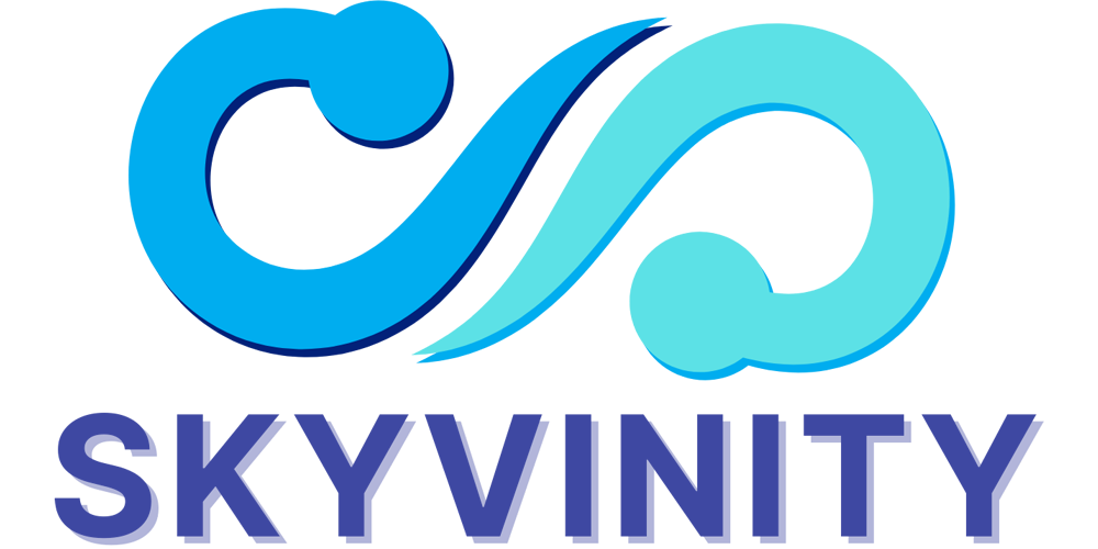 Skyvinity brand logo with a blue cloud and integrated infinity symbol above the company name in bold blue letters, set on a transparent background.