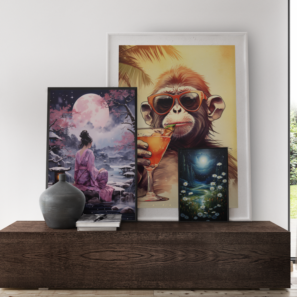 Three eclectic art prints in a living room setting featuring a whimsical monkey with sunglasses sipping a cocktail, a serene Japanese-style painting of a woman under a pink moon, and a calming night scene with daisies and a starry sky.
